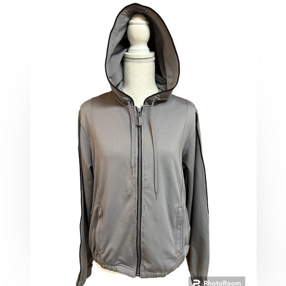 i.e. relaxed Womens Grey/Black Piping Full Zippered Hooded Track Jacket Medium - Picture 1 of 8